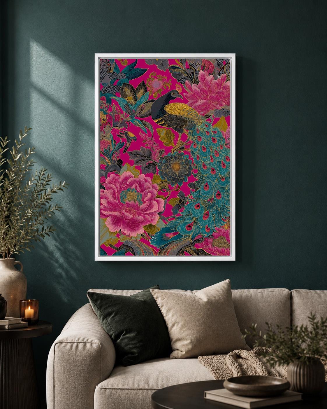 Maximalist Peacock Floral Framed Canvas Art, Hot Pink Chinoiserie Bird Print, Eclectic Decor by The Wall Art Studio - phys...