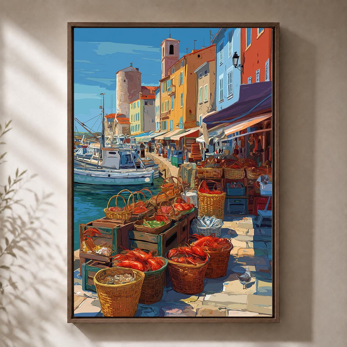 Mediterranean Fish Market Framed Canvas Art, Coastal Harbor Print, Italian Riviera Seafood Decor by The Wall Art Studio -...