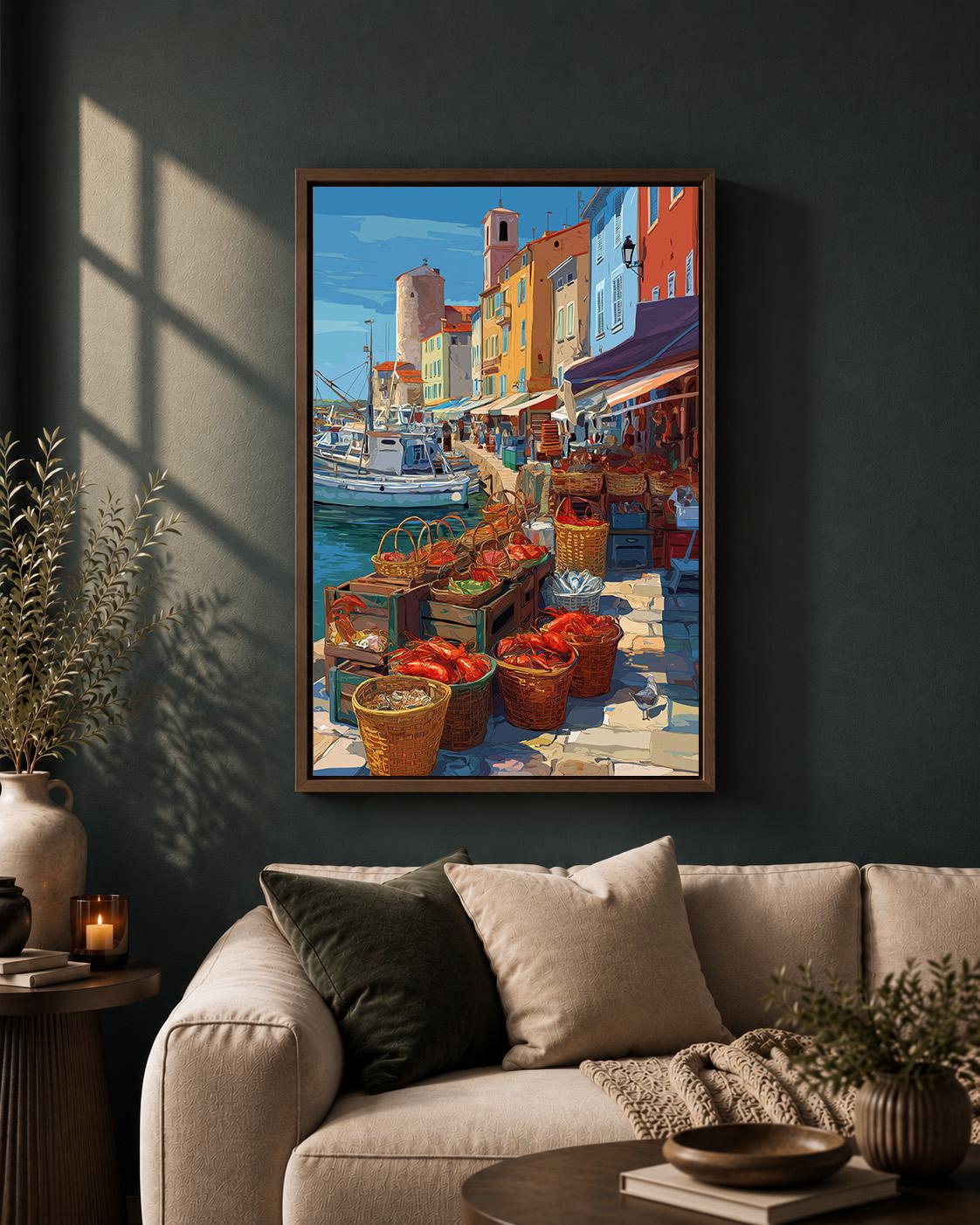 Mediterranean Fish Market Framed Canvas Art, Coastal Harbor Print, Italian Riviera Seafood Decor by The Wall Art Studio -...
