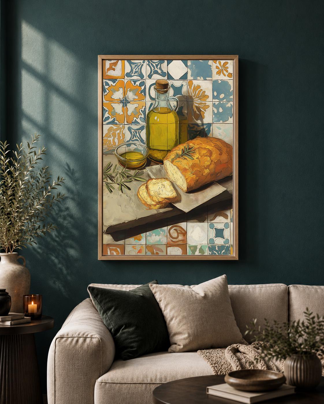 Mediterranean Kitchen Framed Canvas Art, Olive Oil Bread Print, Tuscan Farmhouse Decor by The Wall Art Studio - physical