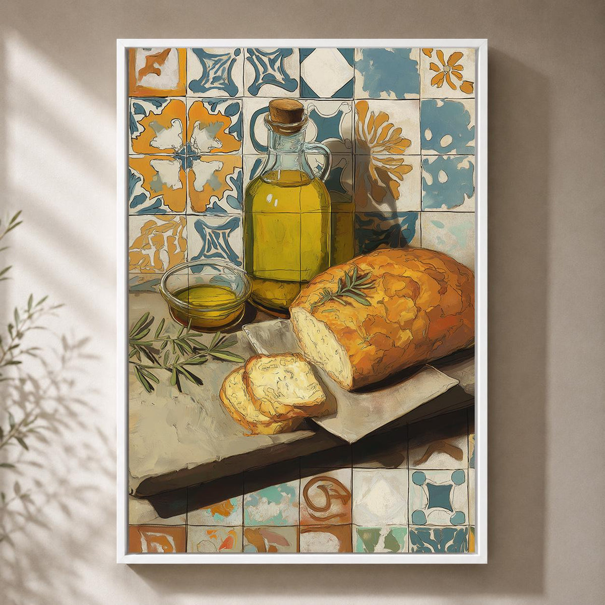 Mediterranean Kitchen Framed Canvas Art, Olive Oil Bread Print, Tuscan Farmhouse Decor by The Wall Art Studio - physical