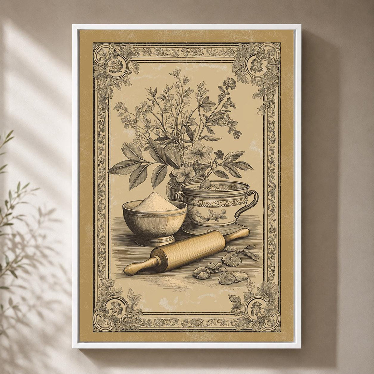 Mediterranean Kitchen Framed Canvas Art, Olive Oil Bread Print, Tuscan Farmhouse Decor by The Wall Art Studio - physical