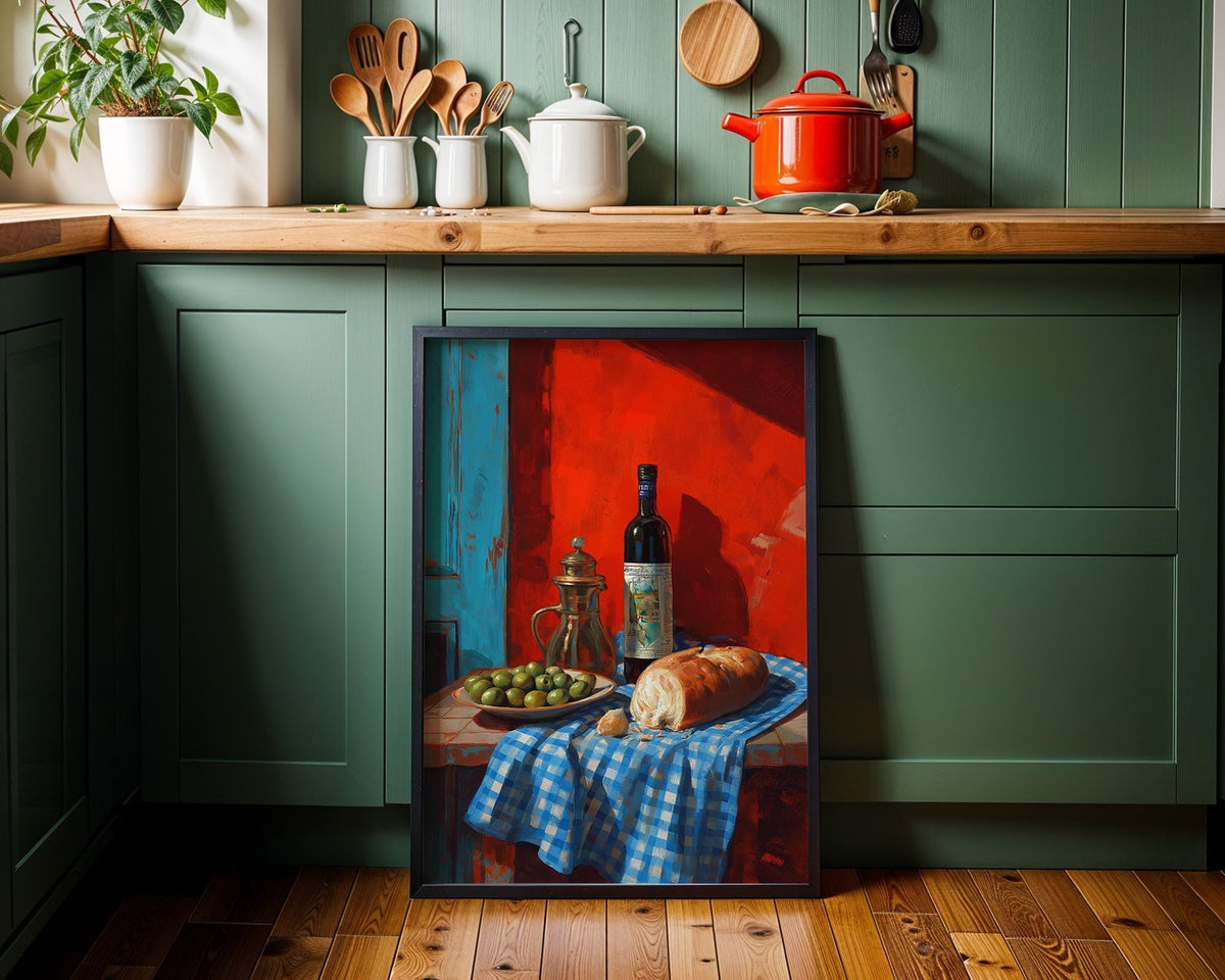 Mediterranean Kitchen Wall Art Print, Olive Oil Wine and Bread Painting, Italian Food Decor, Tuscan Dining Artwork (Framed...