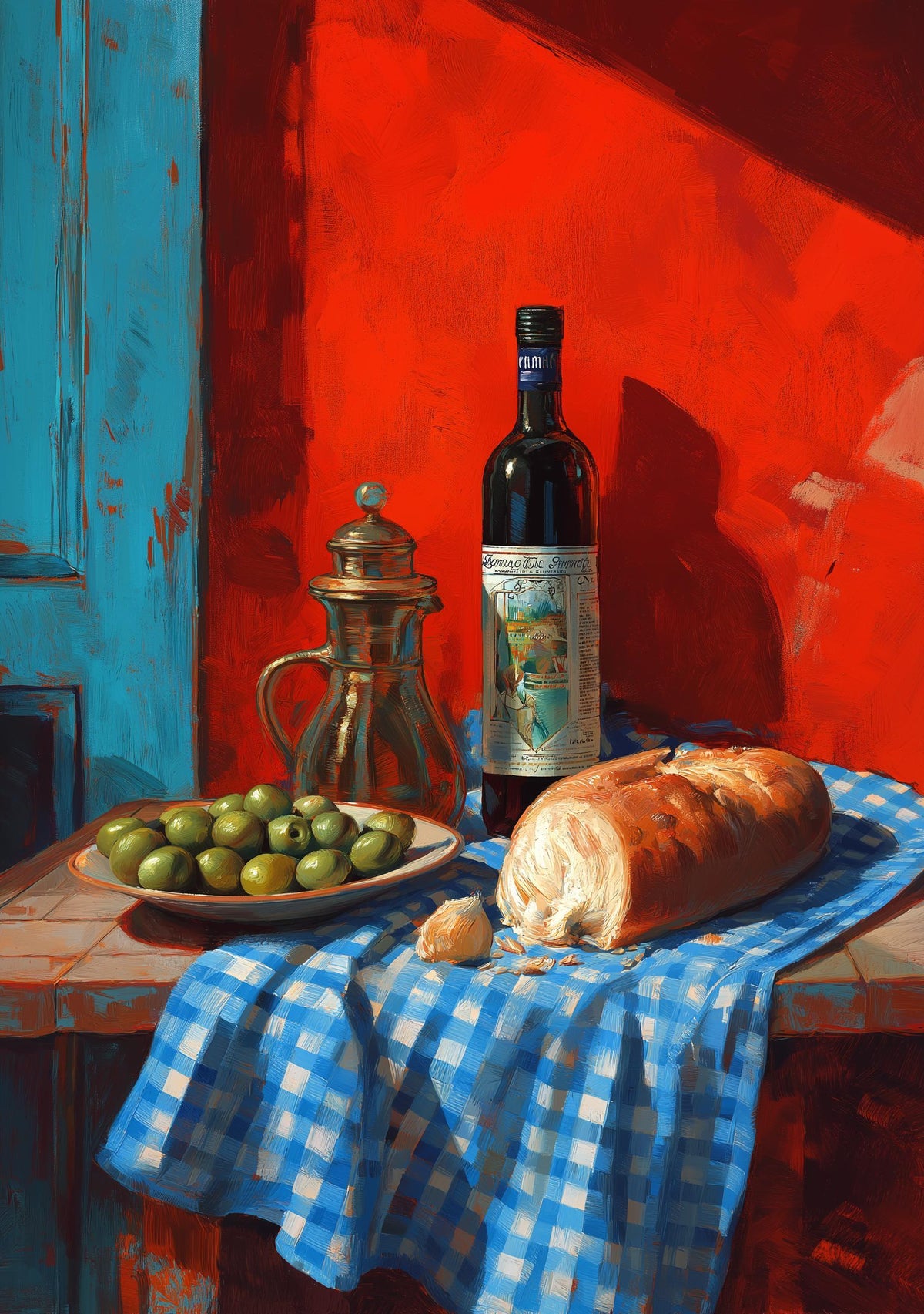 Mediterranean Kitchen Wall Art Print, Olive Oil Wine and Bread Painting, Italian Food Decor, Tuscan Dining Artwork (Framed...