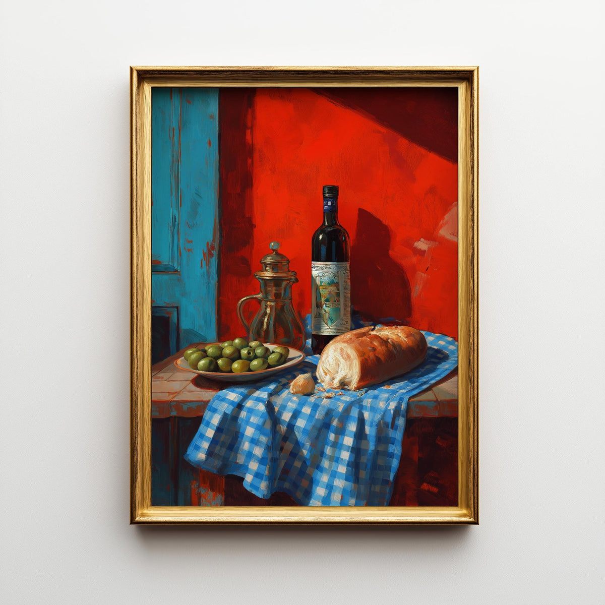 Mediterranean Kitchen Wall Art Print, Olive Oil Wine and Bread Painting, Italian Food Decor, Tuscan Dining Artwork (Framed...