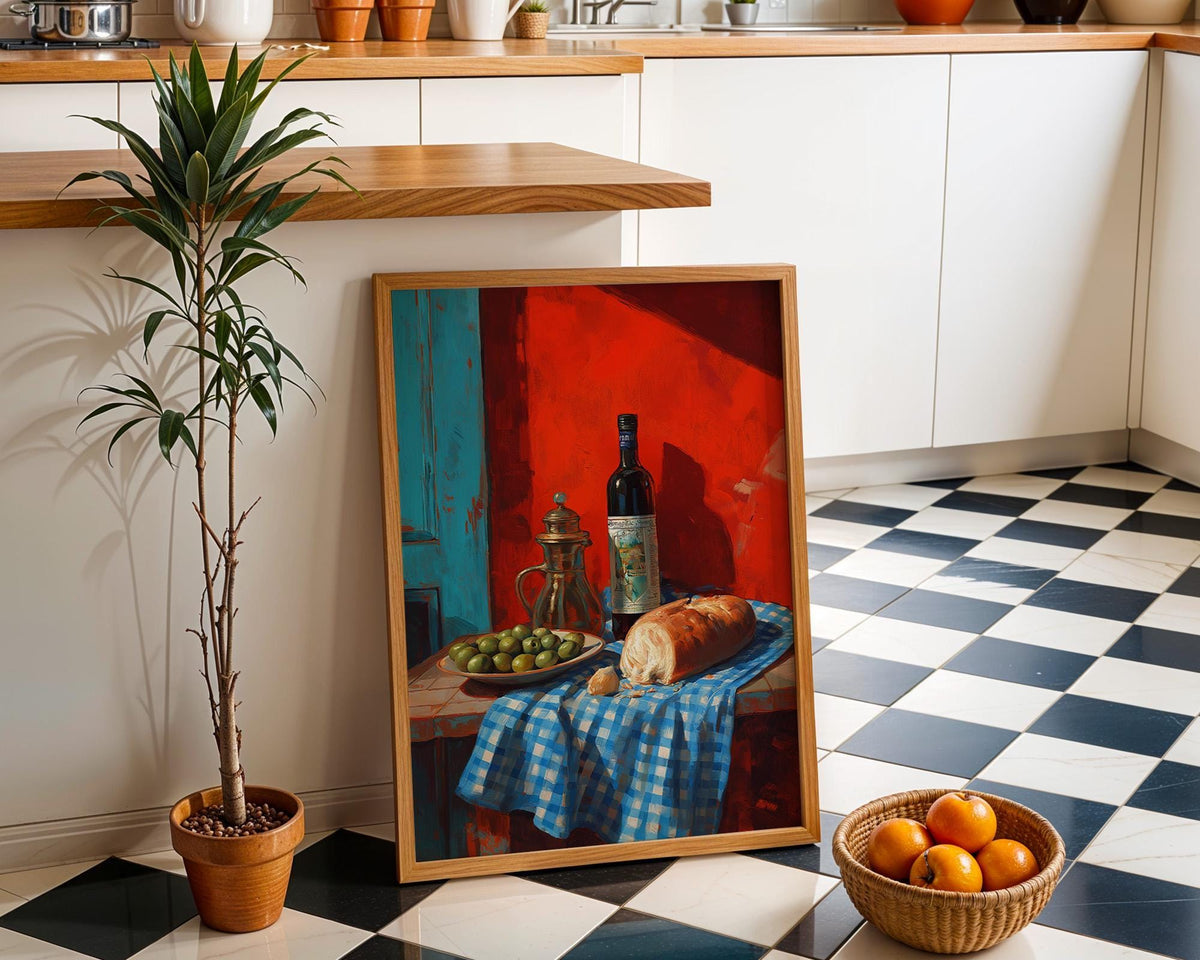 Mediterranean Kitchen Wall Art Print, Olive Oil Wine and Bread Painting, Italian Food Decor, Tuscan Dining Artwork (Framed...