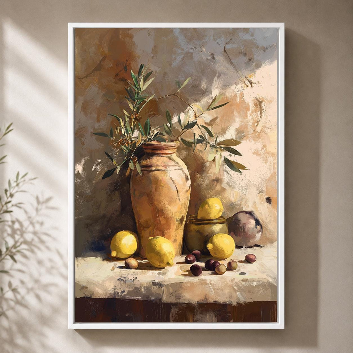 Mediterranean Lemon Still Life Framed Canvas Art, Rustic Olive Branch Tuscan Print by The Wall Art Studio - physical