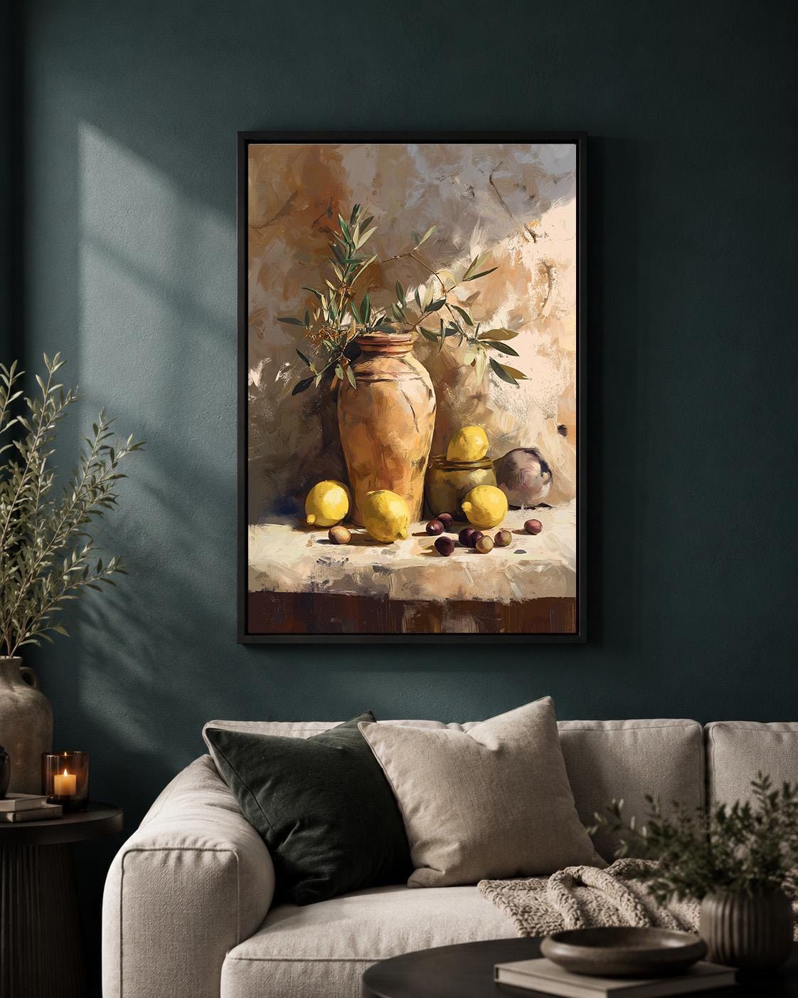 Mediterranean Lemon Still Life Framed Canvas Art, Rustic Olive Branch Tuscan Print by The Wall Art Studio - physical