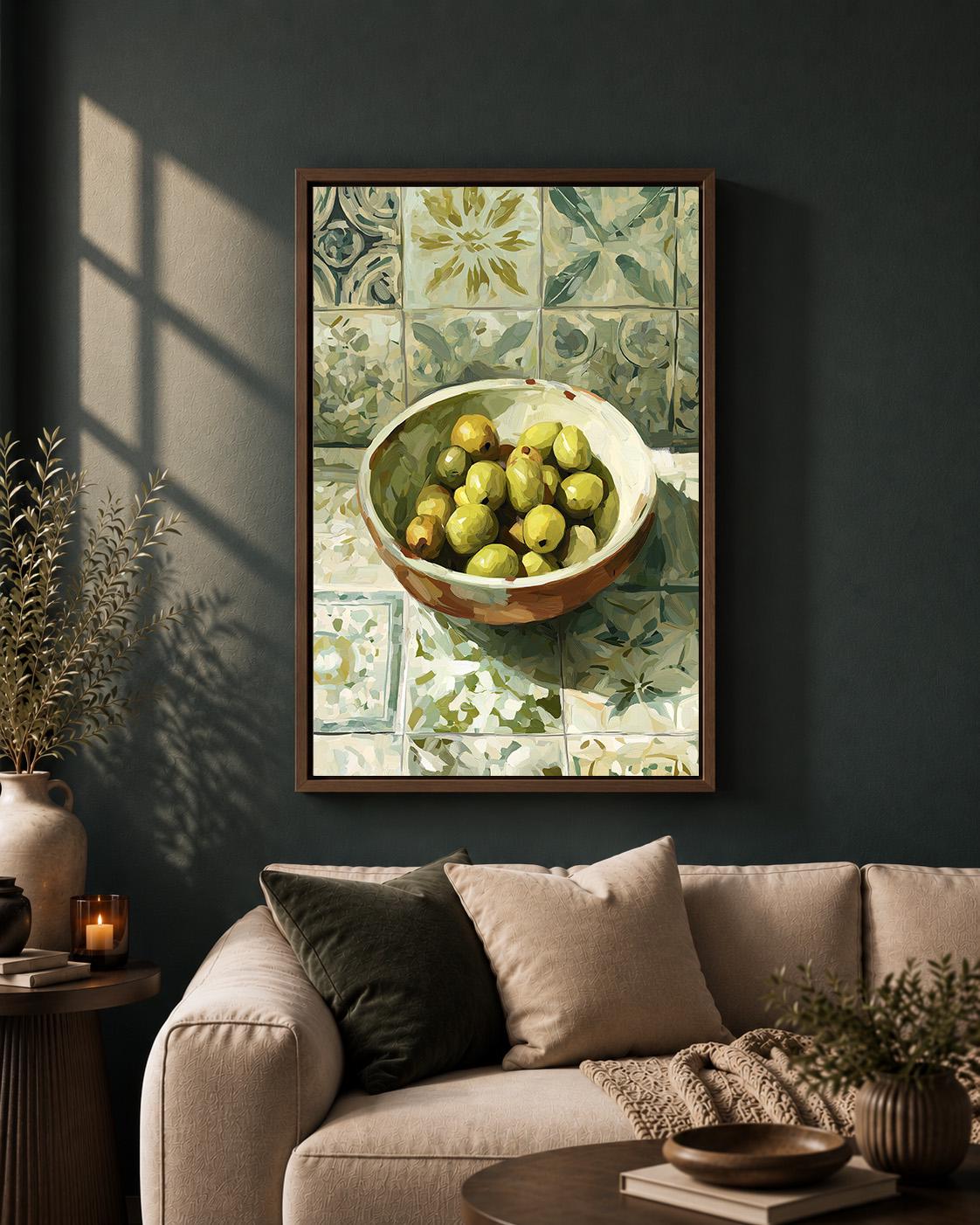 Mediterranean Olive Bowl Still Life Framed Canvas Art, Rustic Tuscan Kitchen Decor by The Wall Art Studio - physical