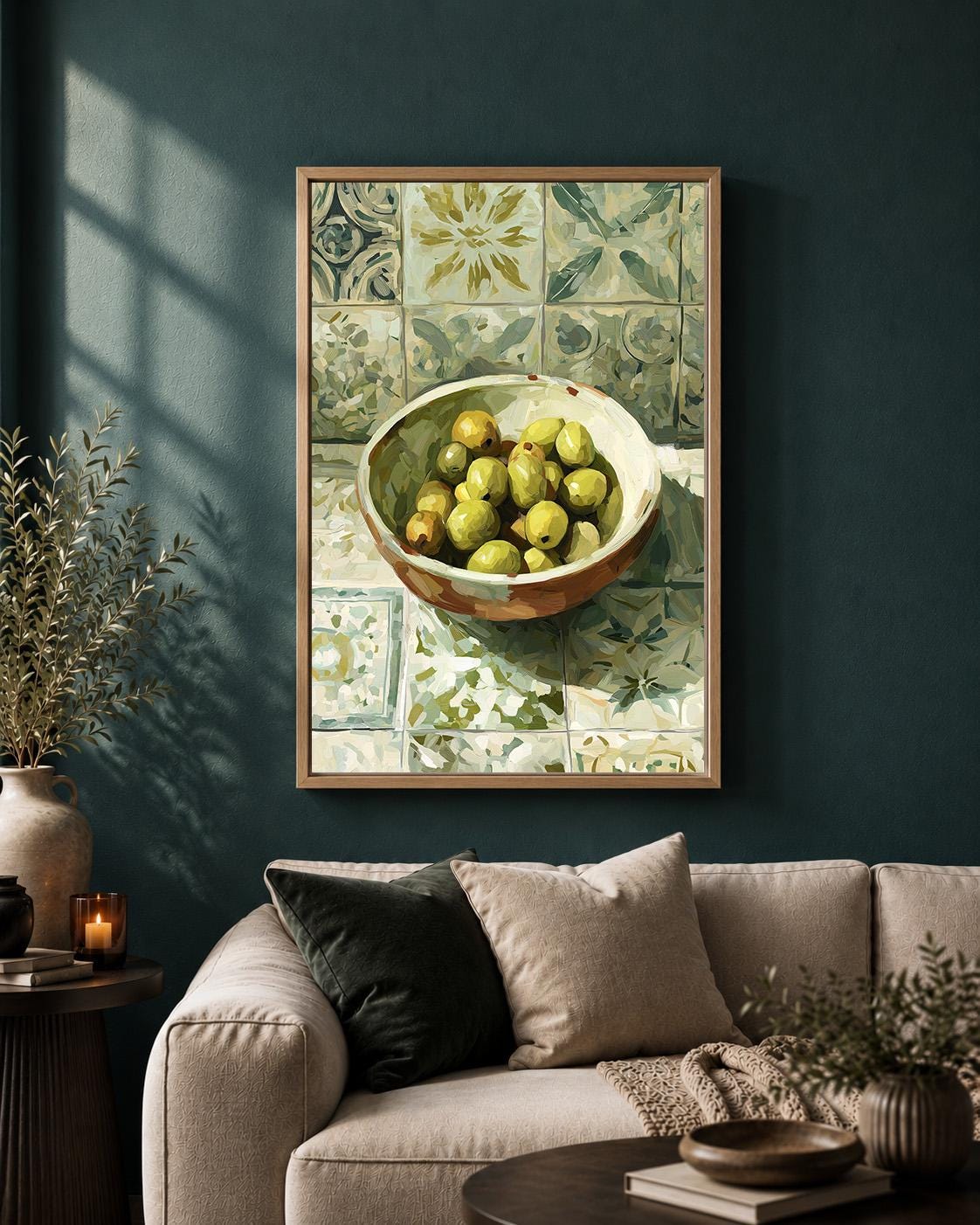 Mediterranean Olive Bowl Still Life Framed Canvas Art, Rustic Tuscan Kitchen Decor by The Wall Art Studio - physical