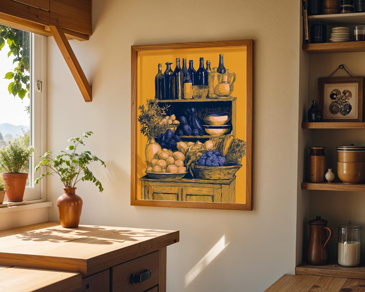 Mediterranean Pantry Wall Art, Italian Kitchen Print, Rustic Fruit & Wine Poster, Mustard Yellow Food Illustration (Framed...