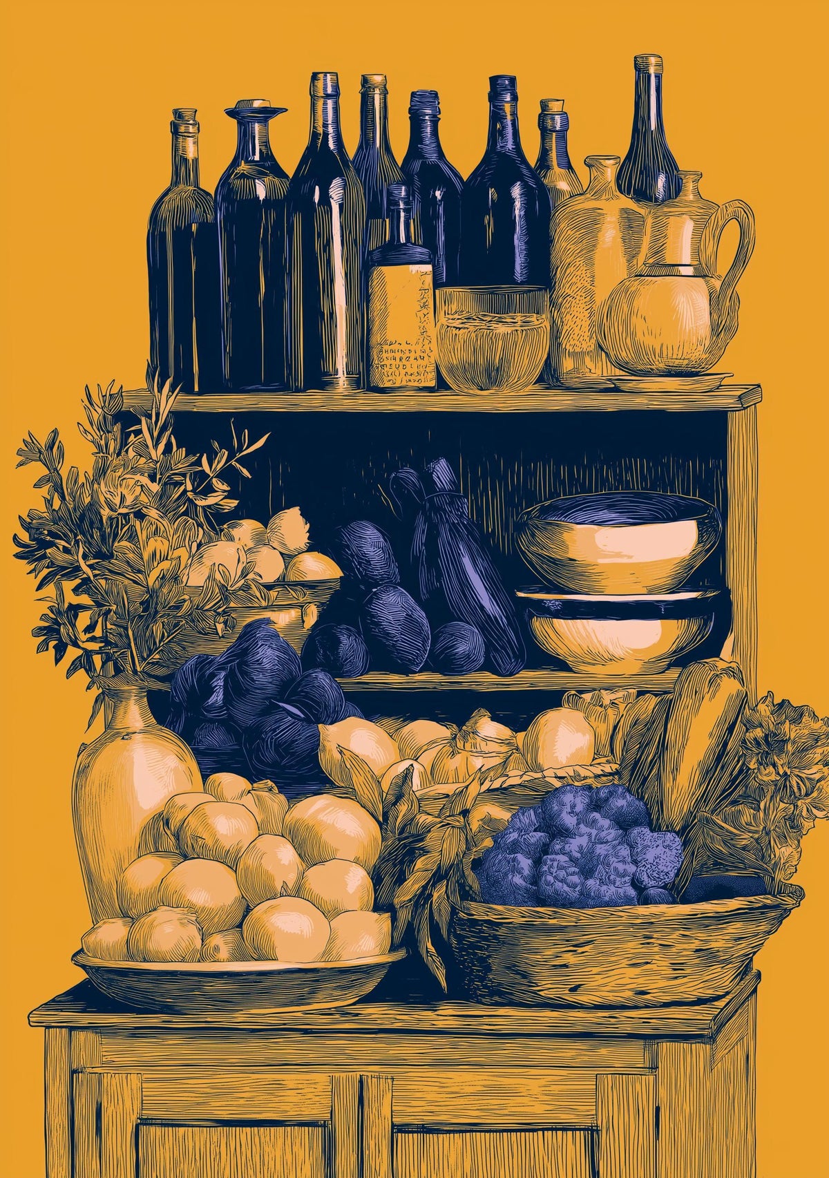 Mediterranean Pantry Wall Art, Italian Kitchen Print, Rustic Fruit & Wine Poster, Mustard Yellow Food Illustration (Framed...