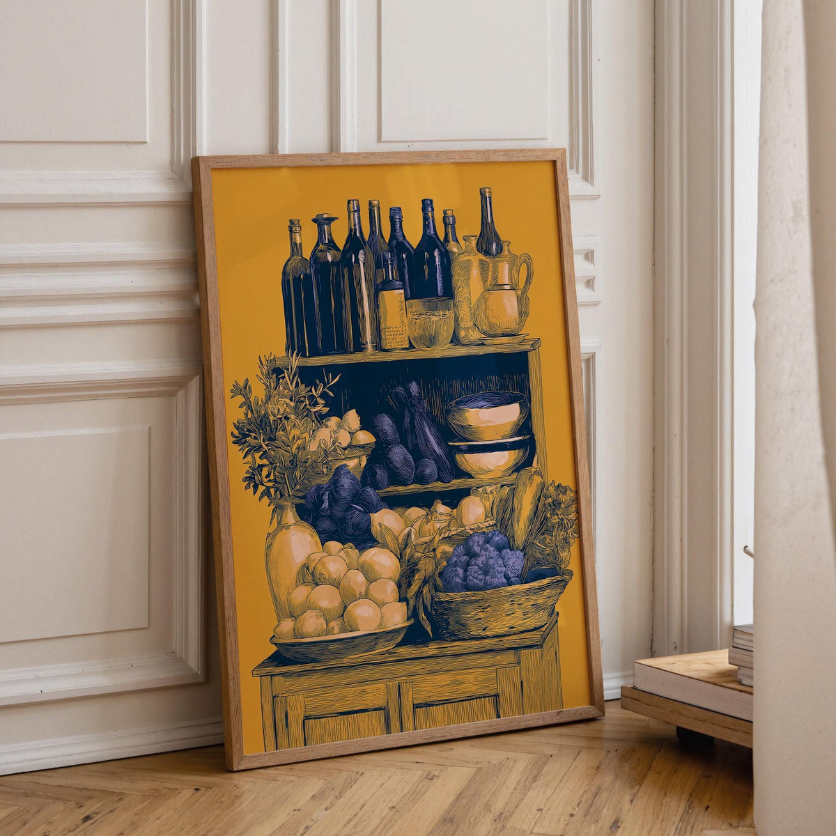 Mediterranean Pantry Wall Art, Italian Kitchen Print, Rustic Fruit & Wine Poster, Mustard Yellow Food Illustration (Framed...