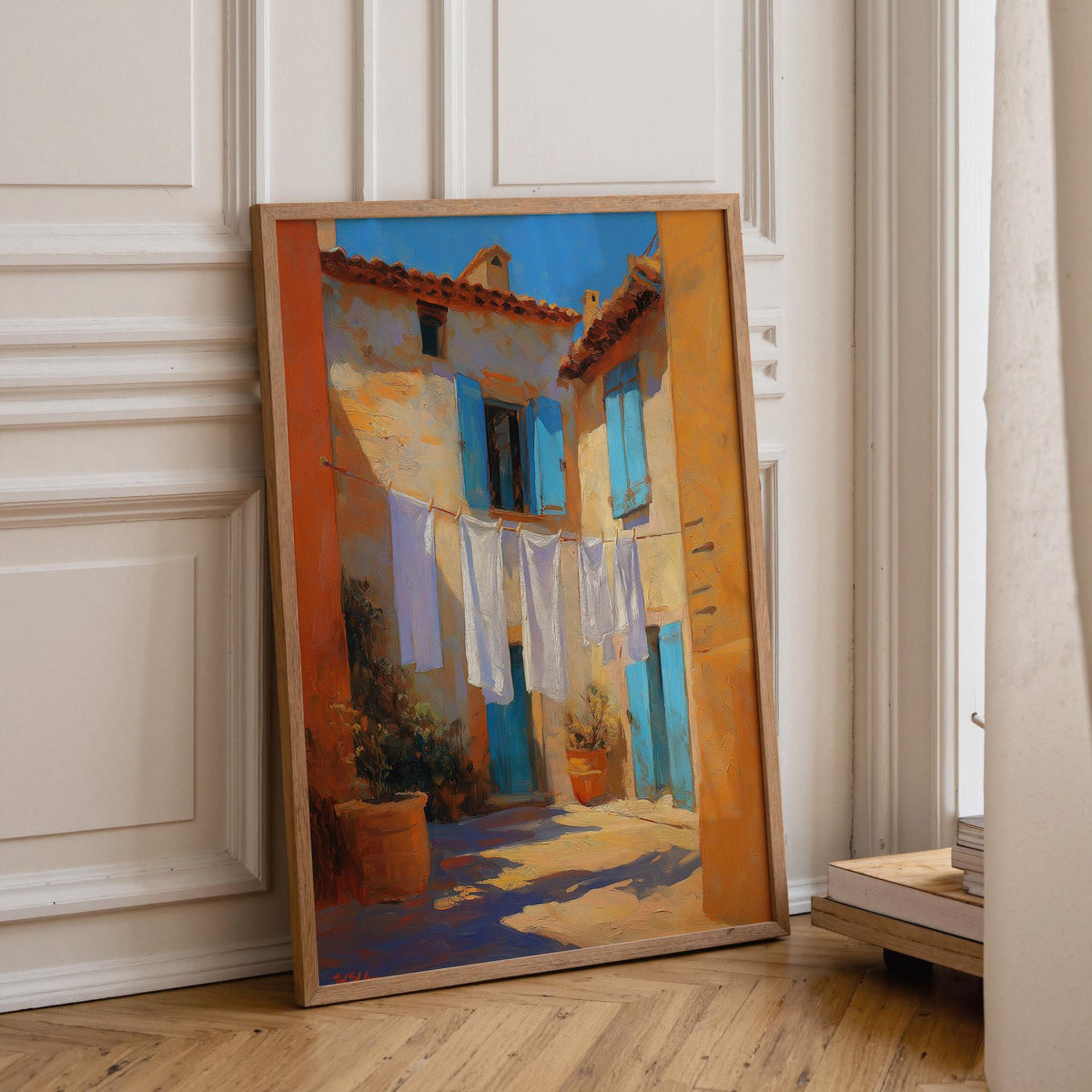 Mediterranean Village Laundry Art Print, Italian Coastal Street Scene Poster (Framed Option) by The Wall Art Studio - phys...