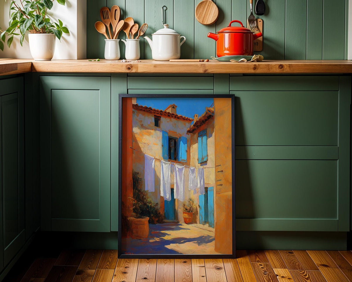 Mediterranean Village Laundry Art Print, Italian Coastal Street Scene Poster (Framed Option) by The Wall Art Studio - phys...
