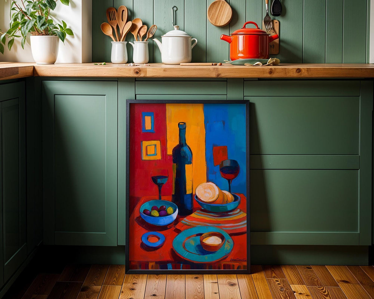 Mediterranean Wine Olive Still Life Painting, Colorful Kitchen Dining Room Art (Framed Option) by The Wall Art Studio - ph...