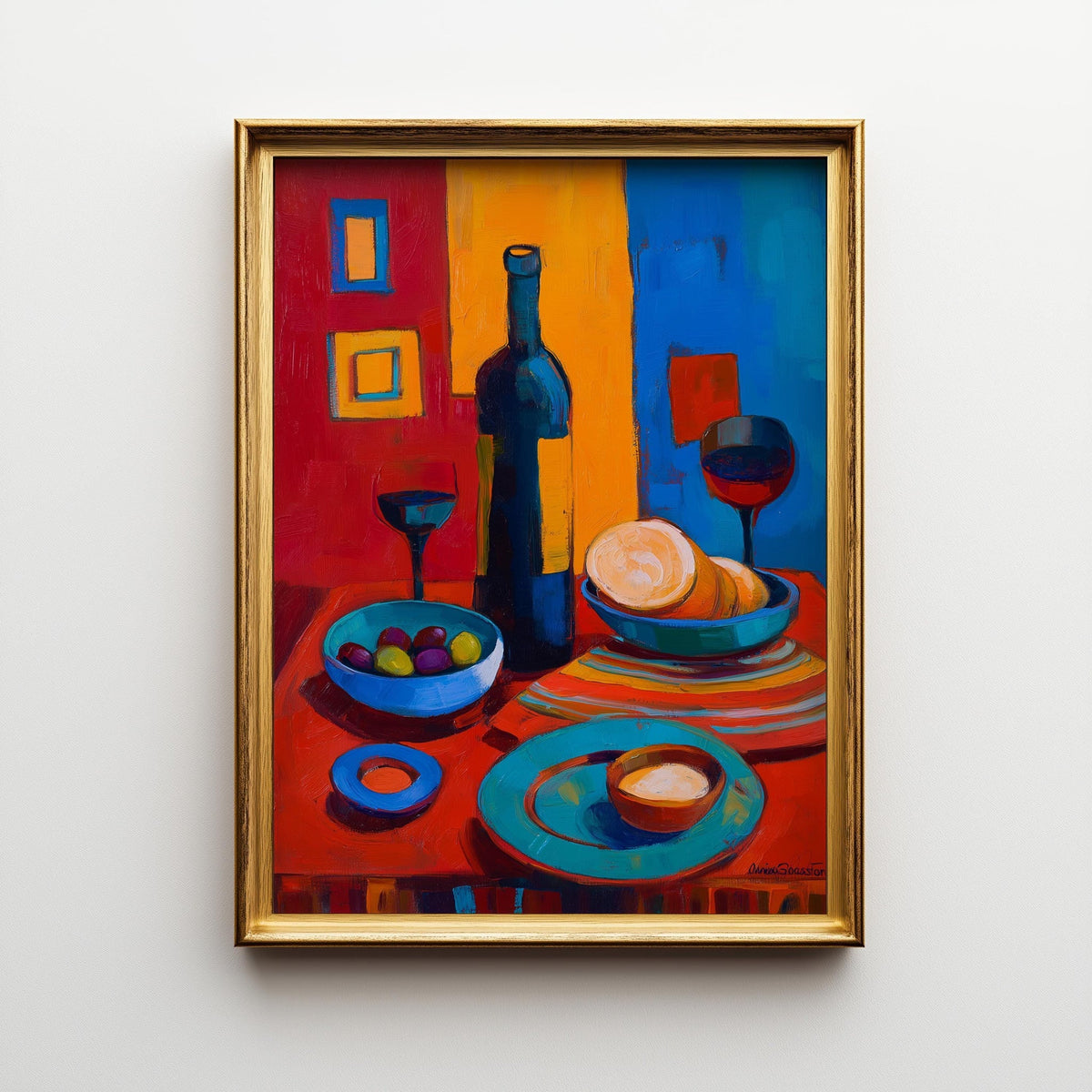 Mediterranean Wine Olive Still Life Painting, Colorful Kitchen Dining Room Art (Framed Option) by The Wall Art Studio - ph...