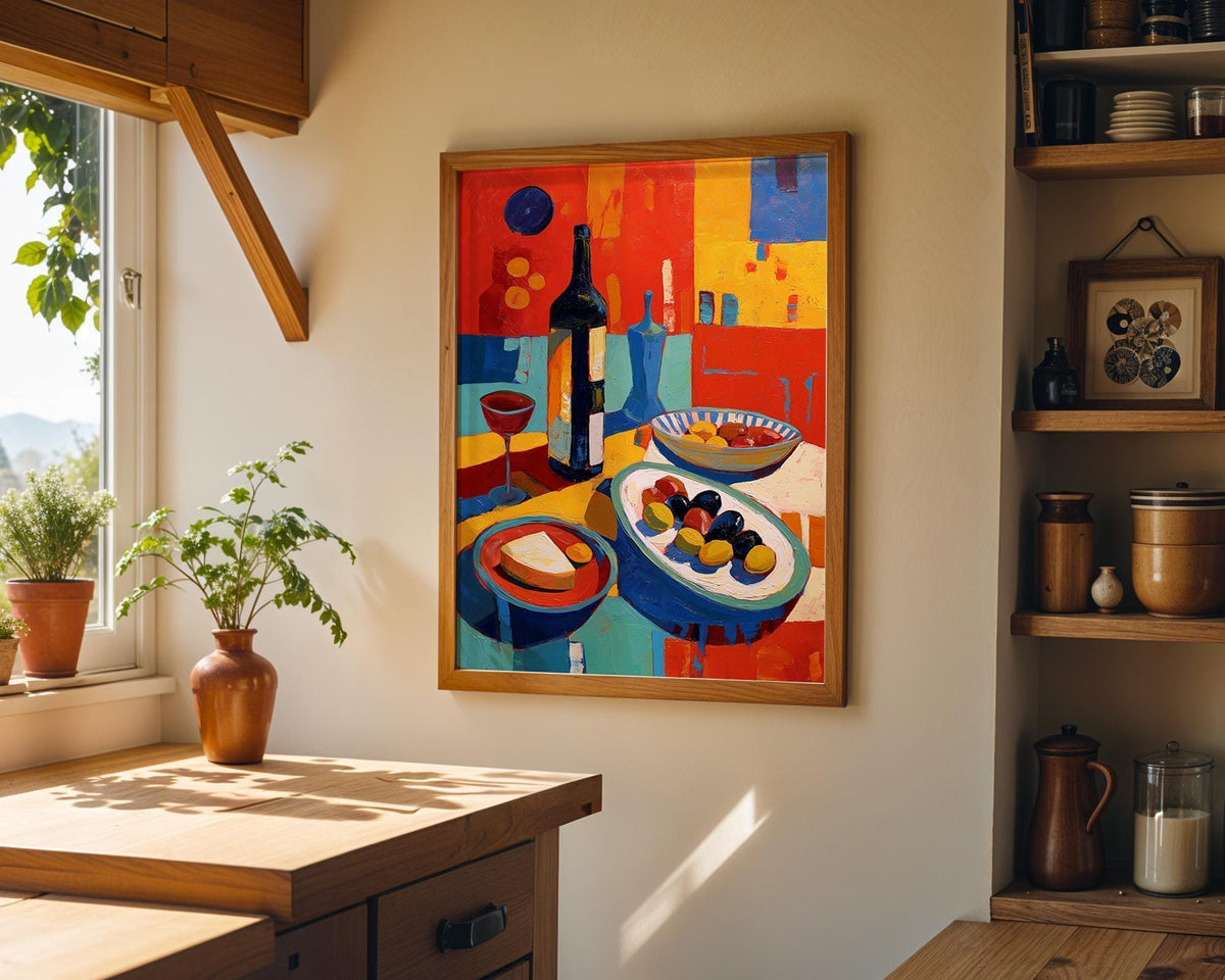 Mediterranean Wine & Olive Wall Art Print, Colorful Kitchen Decor, Italian Food Painting, Modern Still Life Dining Room Ar...