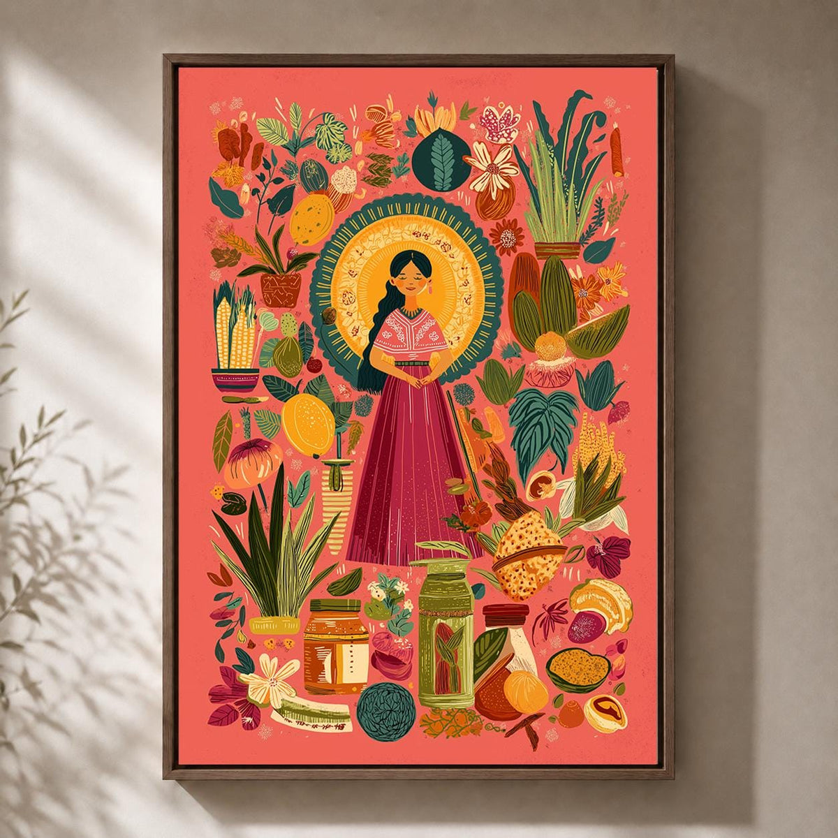 Mexican Folk Framed Canvas Art Print, Colorful Botanical Woman, Maximalist Kitchen Decor by The Wall Art Studio - physical