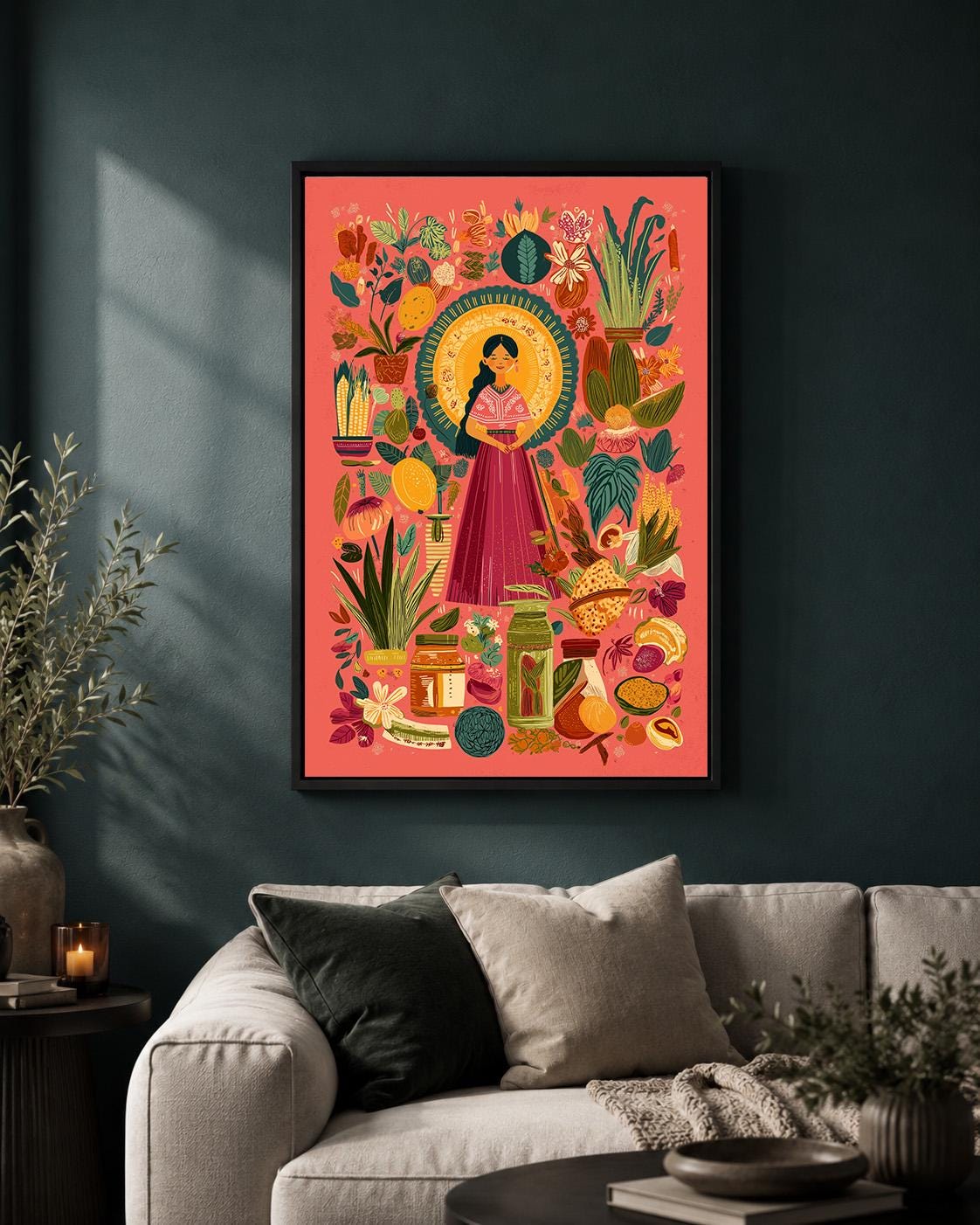 Mexican Folk Framed Canvas Art Print, Colorful Botanical Woman, Maximalist Kitchen Decor by The Wall Art Studio - physical