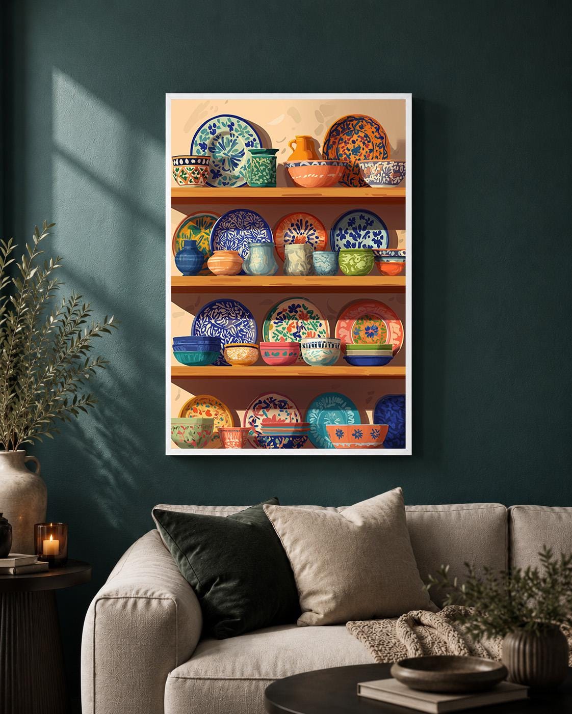 Mexican Talavera Pottery Shelf Framed Canvas, Colorful Boho Kitchen Canvas by The Wall Art Studio - physical