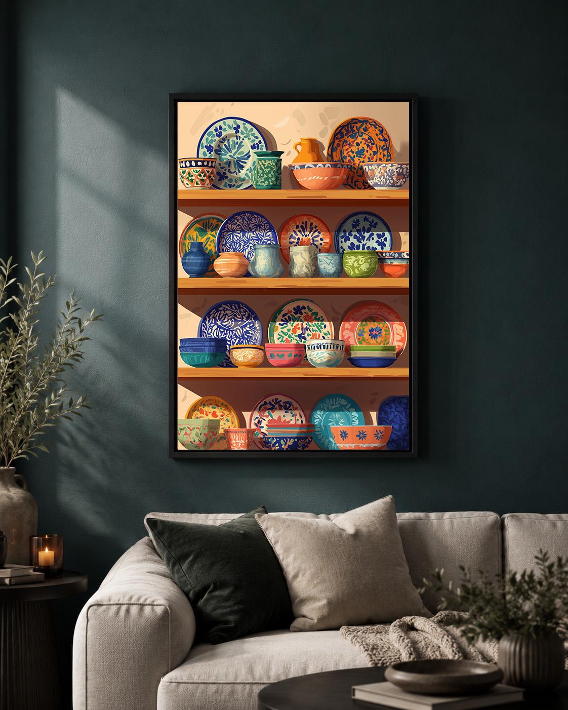 Mexican Talavera Pottery Shelf Framed Canvas, Colorful Boho Kitchen Canvas by The Wall Art Studio - physical