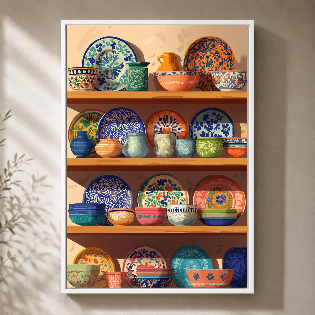 Mexican Talavera Pottery Shelf Framed Canvas, Colorful Boho Kitchen Canvas by The Wall Art Studio - physical