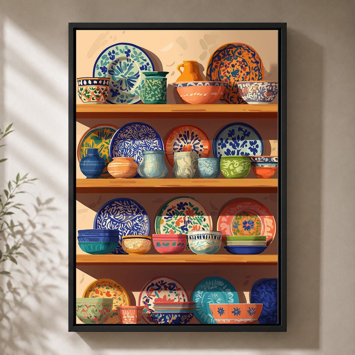 Mexican Talavera Pottery Shelf Framed Canvas, Colorful Boho Kitchen Canvas by The Wall Art Studio - physical