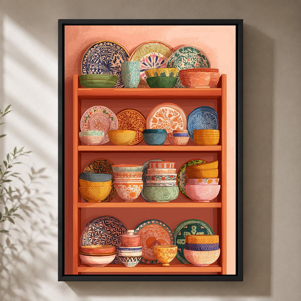 Mexican Talavera Pottery Shelf Framed Canvas, Colorful Boho Kitchen Frame by The Wall Art Studio - physical