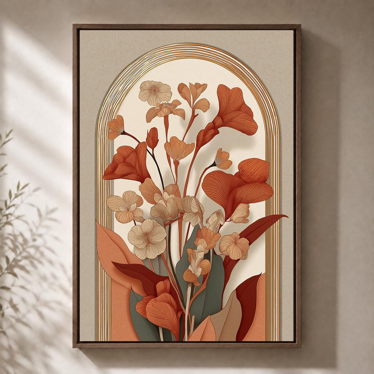 Mid Century Botanical Arch Framed Canvas, Terracotta Floral Canvas Wall Art, Boho Decor by The Wall Art Studio - physical