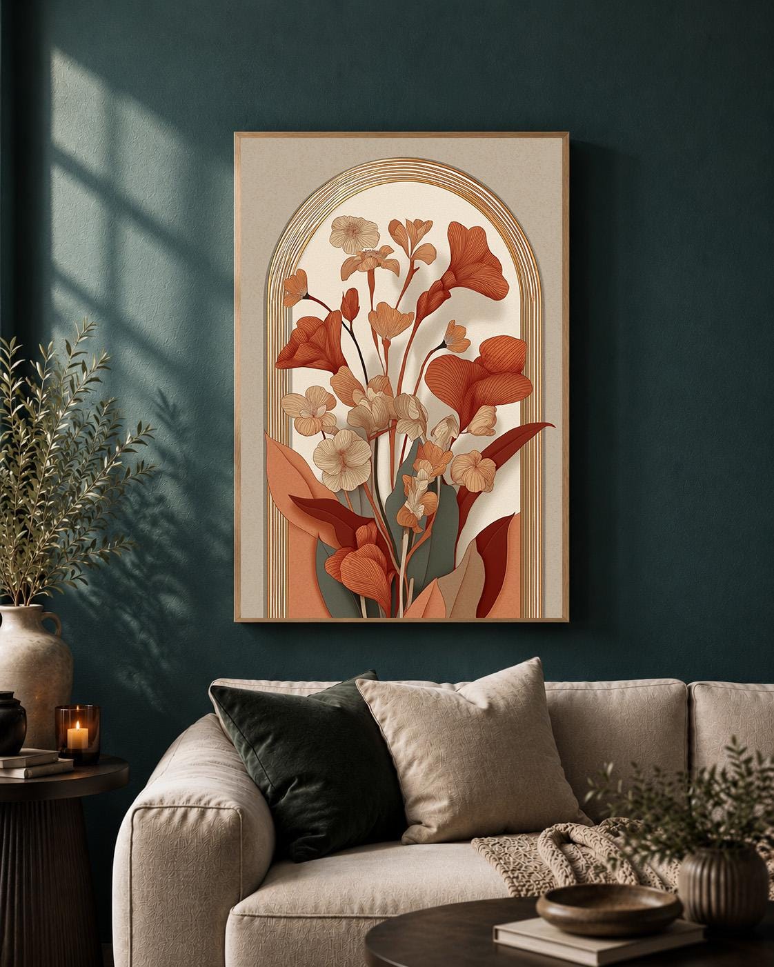 Mid Century Botanical Arch Framed Canvas, Terracotta Floral Canvas Wall Art, Boho Decor by The Wall Art Studio - physical