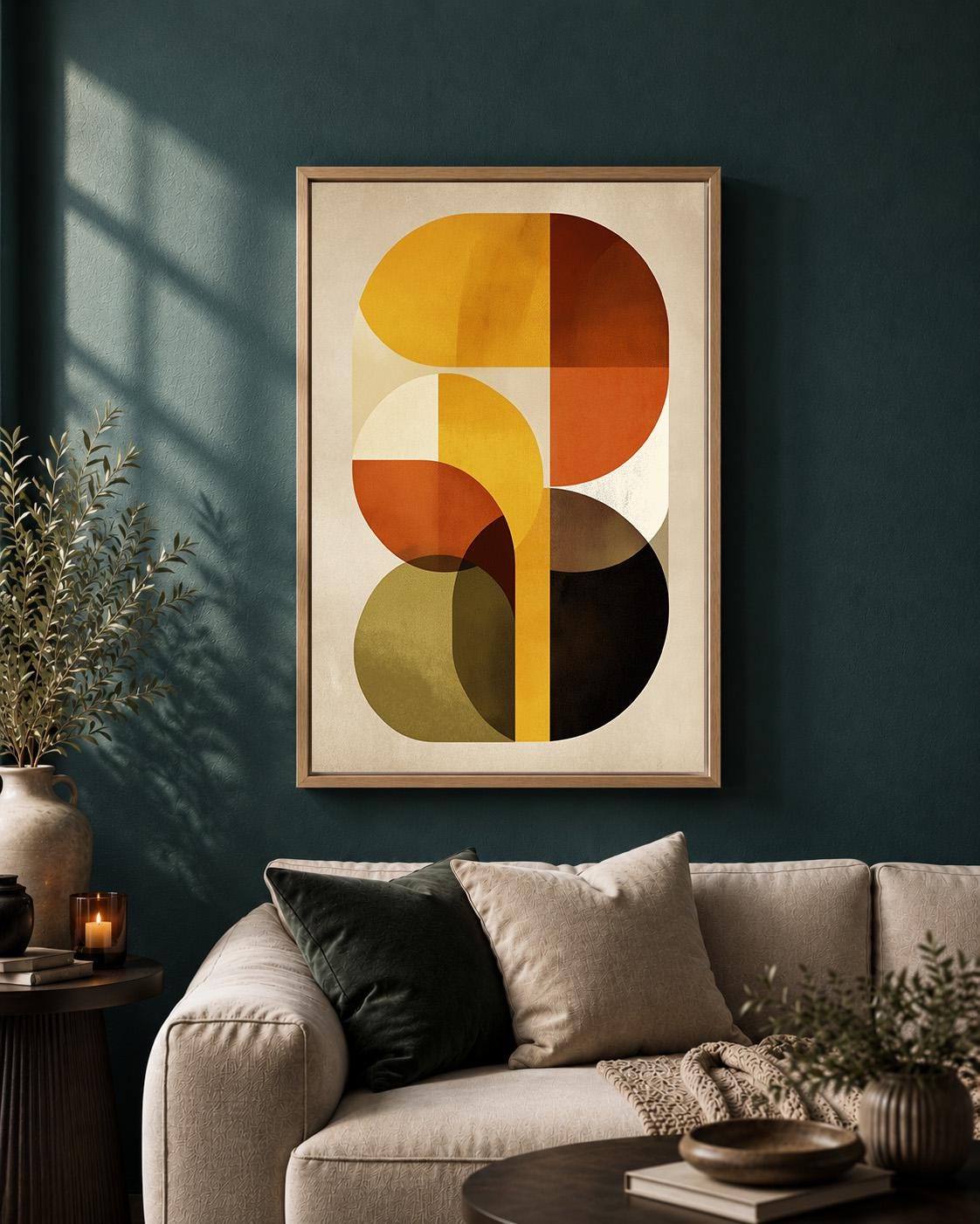 Mid Century Modern Abstract Framed Canvas Art, Retro Geometric Print, Boho Living Room Decor by The Wall Art Studio - phys...