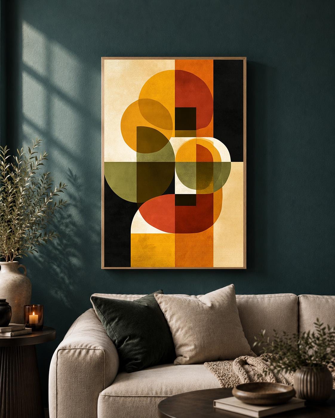 Mid Century Modern Abstract Framed Canvas Art, Retro Geometric Print, Burnt Orange Minimalist Decor by The Wall Art Studio...