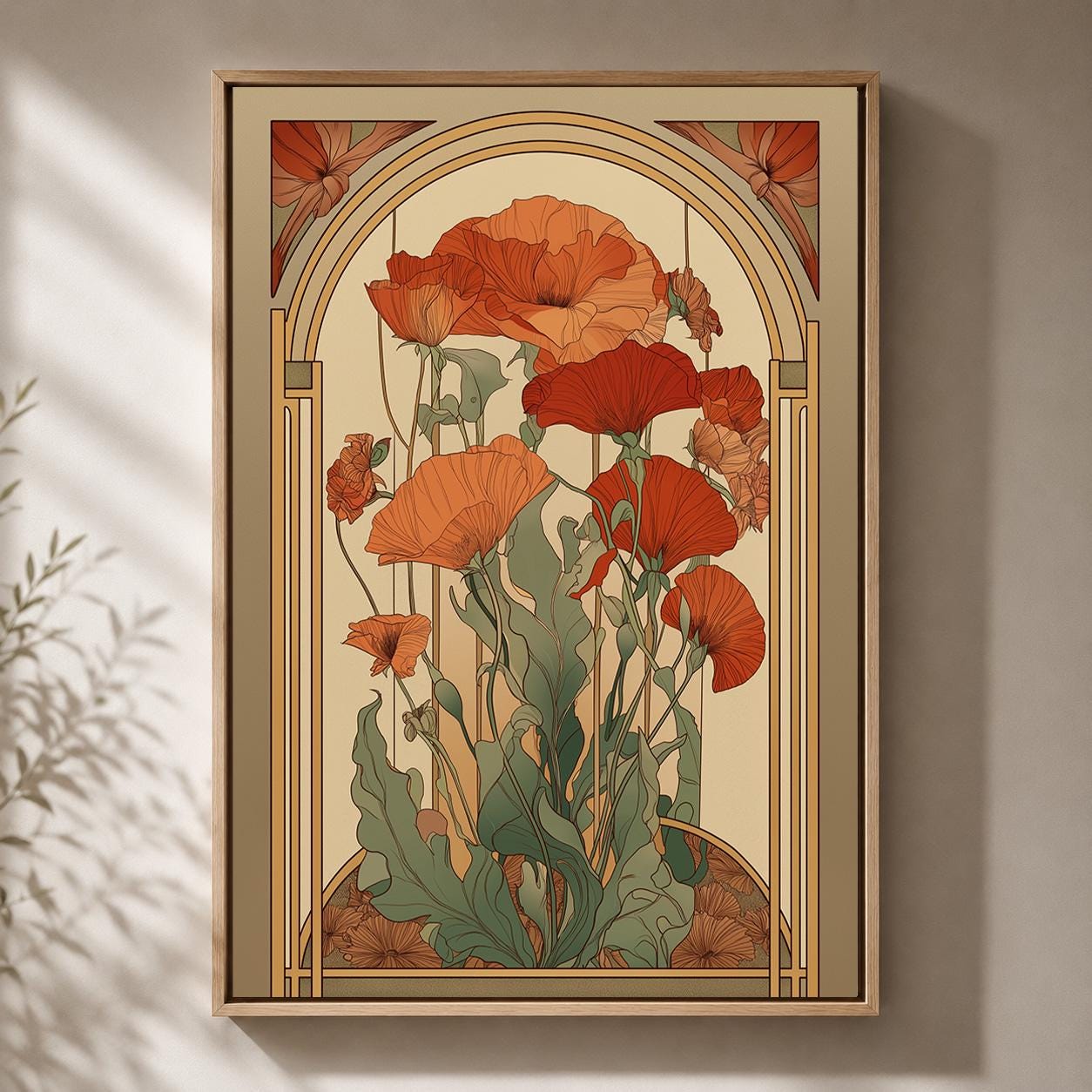 Mid Century Modern Botanical Arch Framed Canvas, Terracotta Floral Canvas Wall Art by The Wall Art Studio - physical
