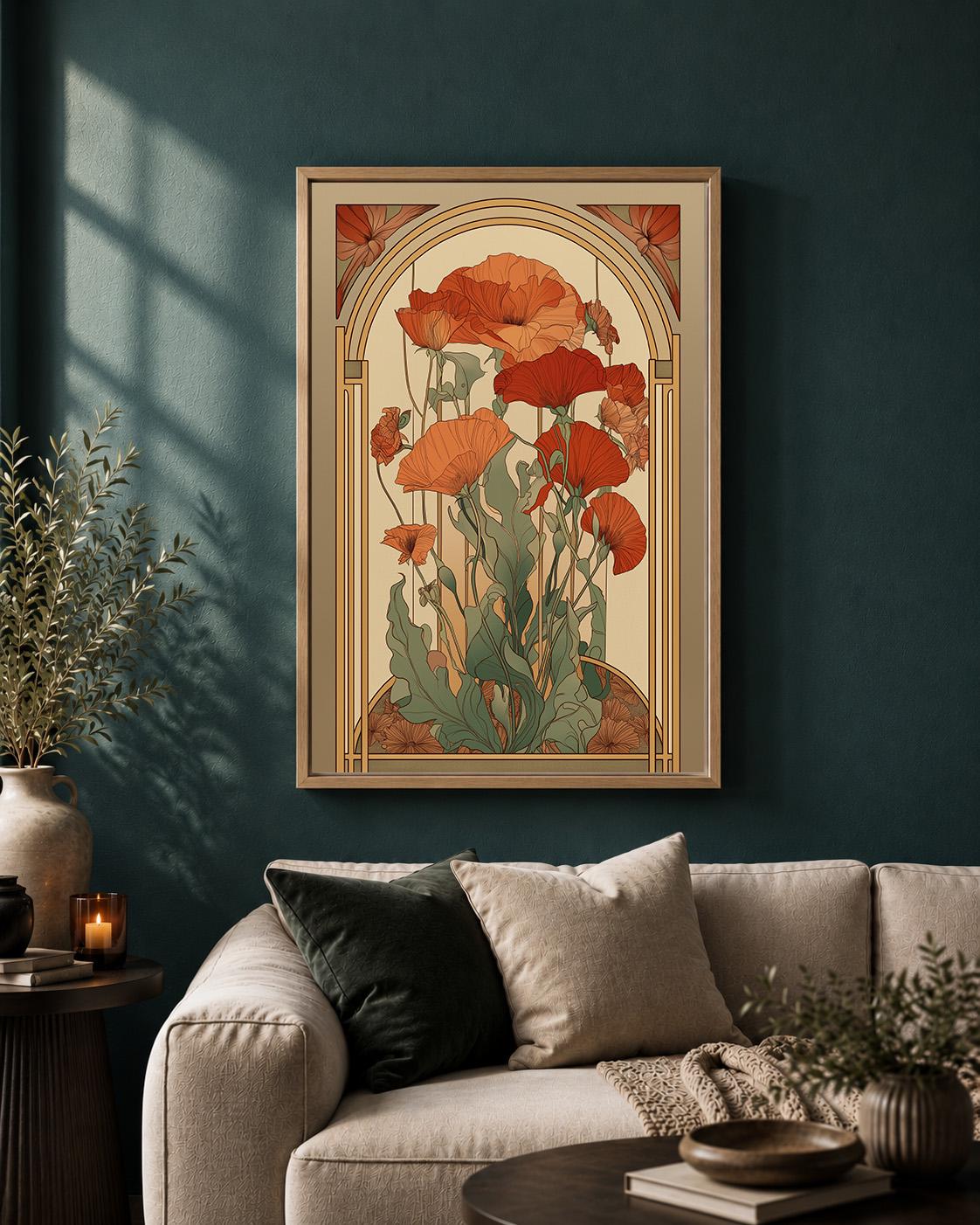 Mid Century Modern Botanical Arch Framed Canvas, Terracotta Floral Canvas Wall Art by The Wall Art Studio - physical