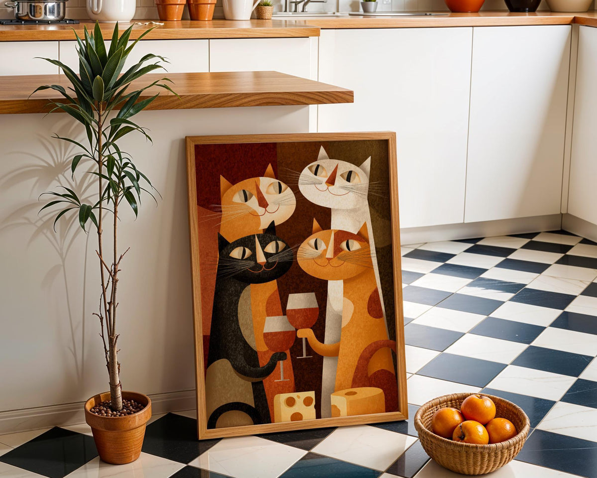 Mid Century Modern Cat Art Print | Retro Cats Drinking Wine Poster | Vintage Cat Wall Art | Colourful Abstract Feline Illu...