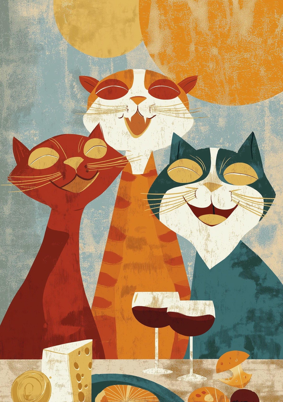 Mid Century Modern Cat Art Print | Retro Cats Drinking Wine Poster | Vintage Cat Wall Art | Colourful Abstract Feline Illu...
