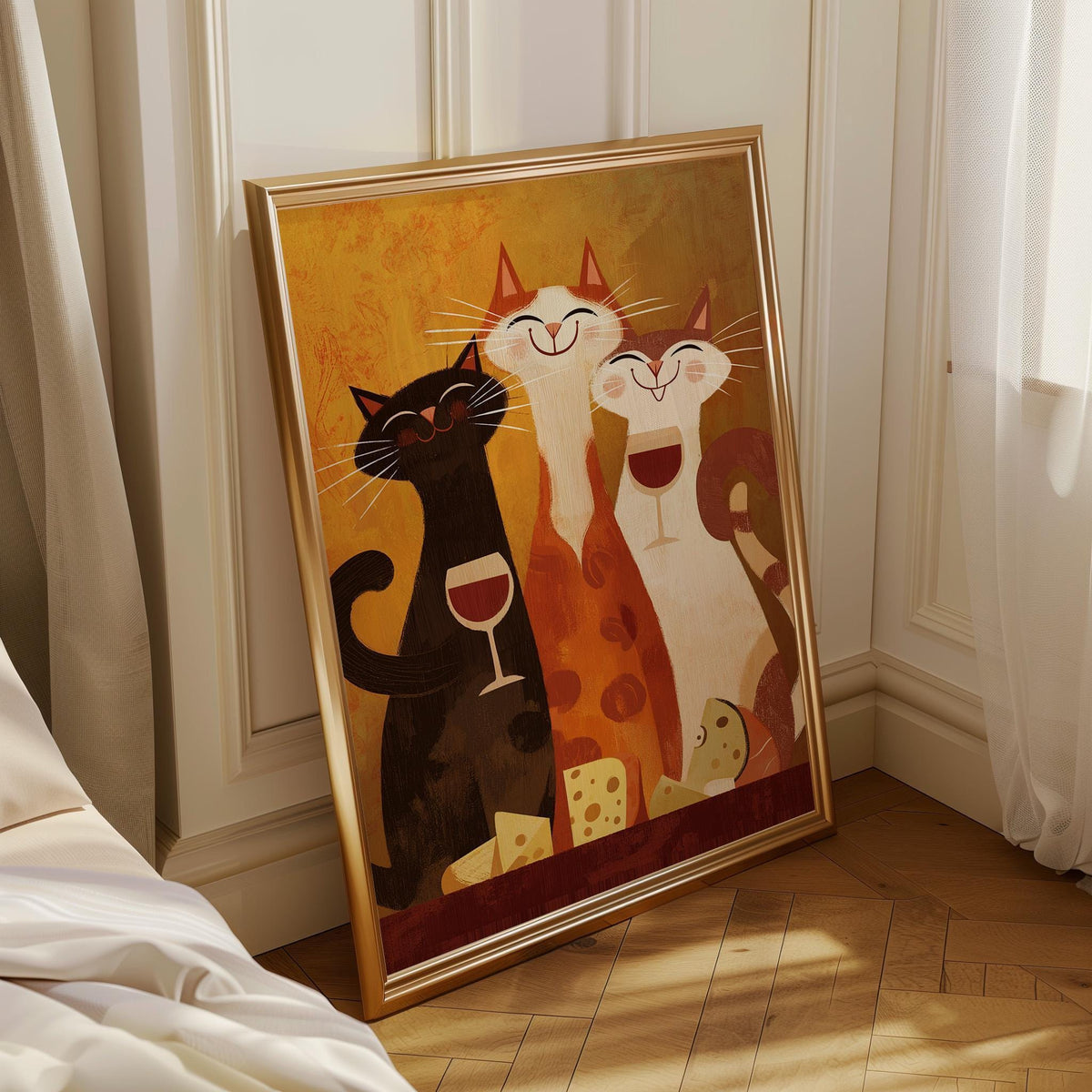 Mid Century Modern Cat Art Print | Retro Cats Drinking Wine Poster | Vintage Cat Wall Art | Colourful Abstract Feline Illu...