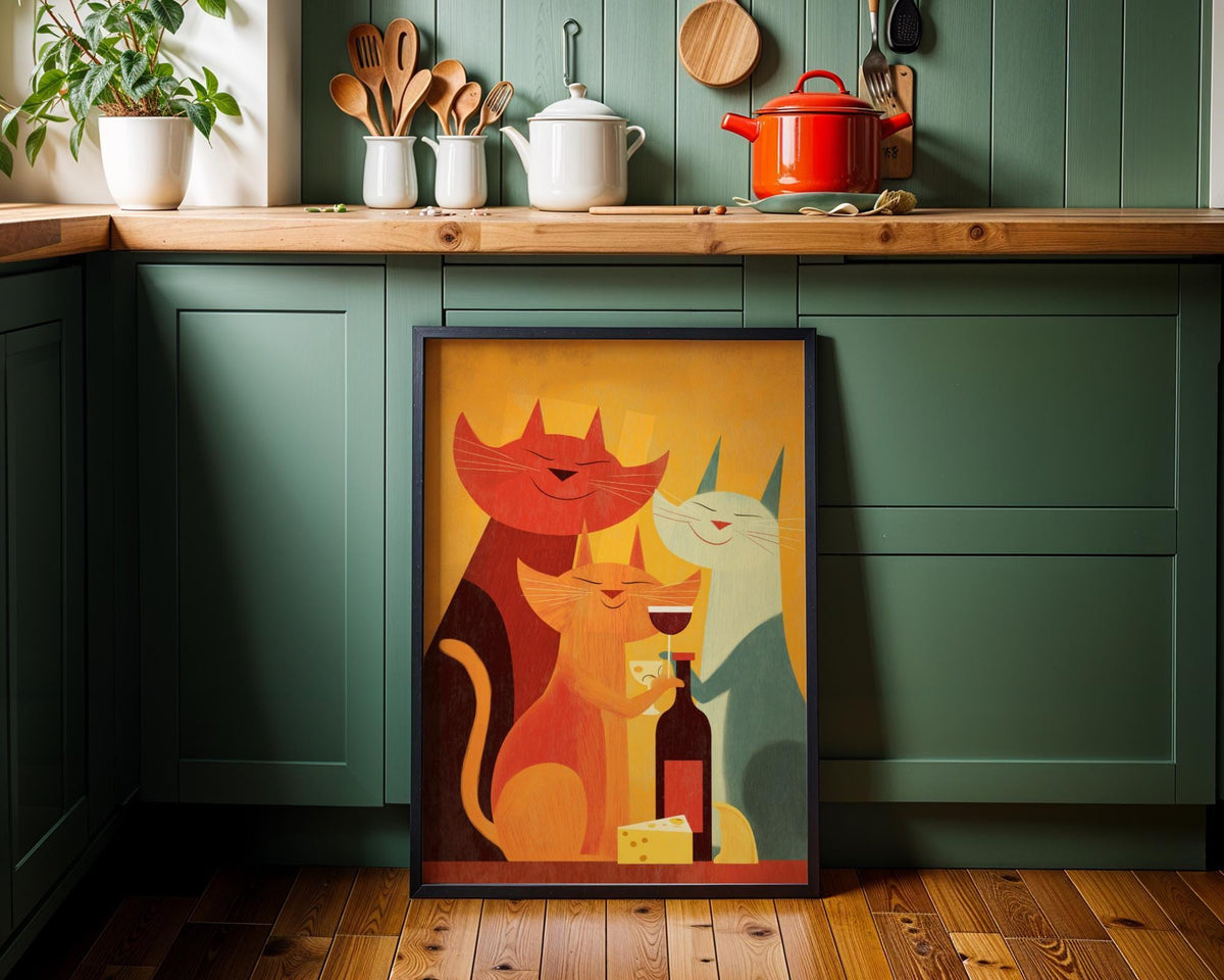 Mid Century Modern Cat Art Print | Retro Cats Drinking Wine Poster | Vintage Cat Wall Art | Colourful Abstract Feline Illu...