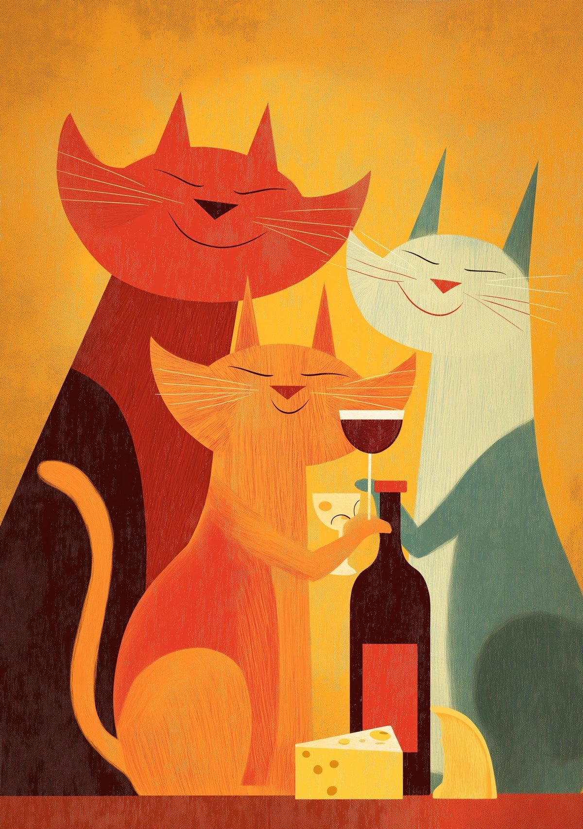 Mid Century Modern Cat Art Print | Retro Cats Drinking Wine Poster | Vintage Cat Wall Art | Colourful Abstract Feline Illu...
