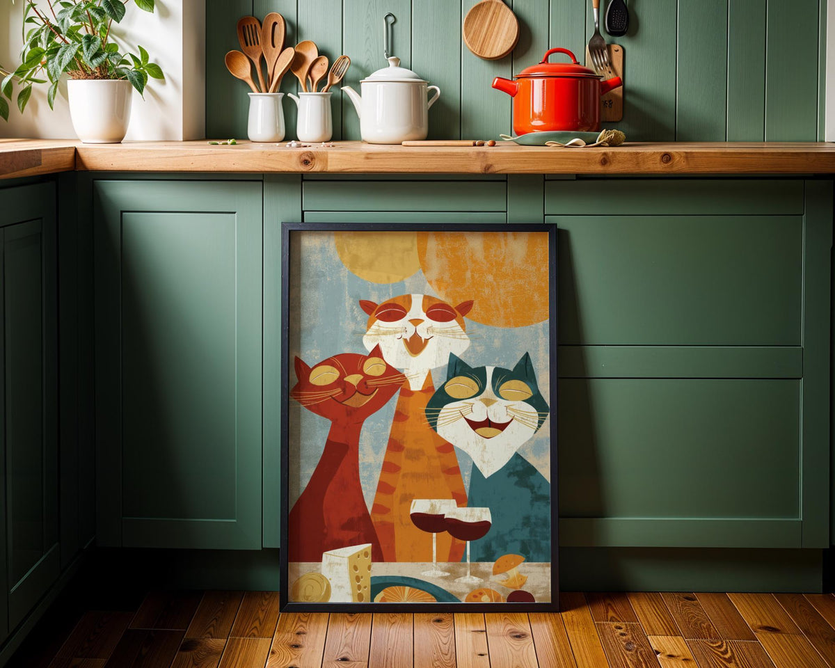 Mid Century Modern Cat Art Print | Retro Cats Drinking Wine Poster | Vintage Cat Wall Art | Colourful Abstract Feline Illu...
