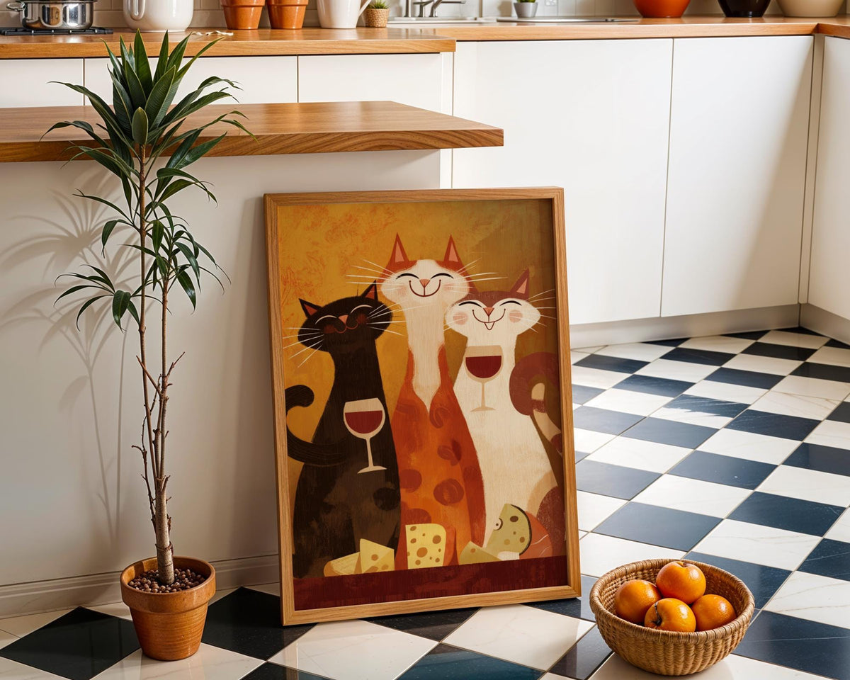 Mid Century Modern Cat Art Print | Retro Cats Drinking Wine Poster | Vintage Cat Wall Art | Colourful Abstract Feline Illu...