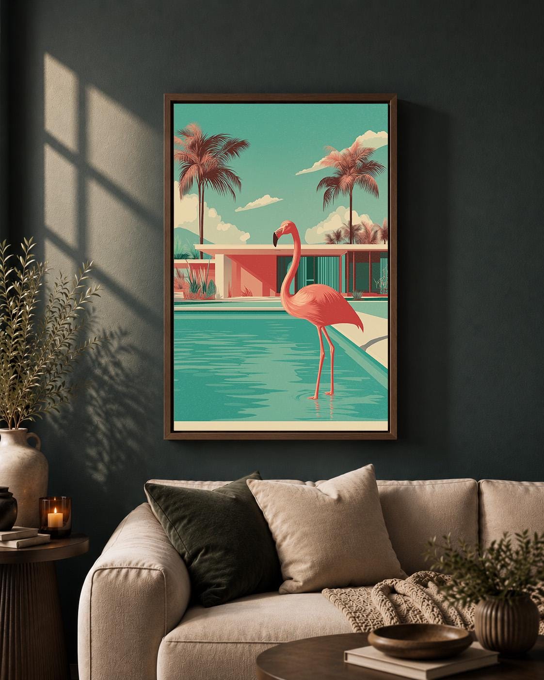 Mid Century Modern Flamingo Pool Framed Canvas Art, Retro Tropical Wall Decor by The Wall Art Studio - physical