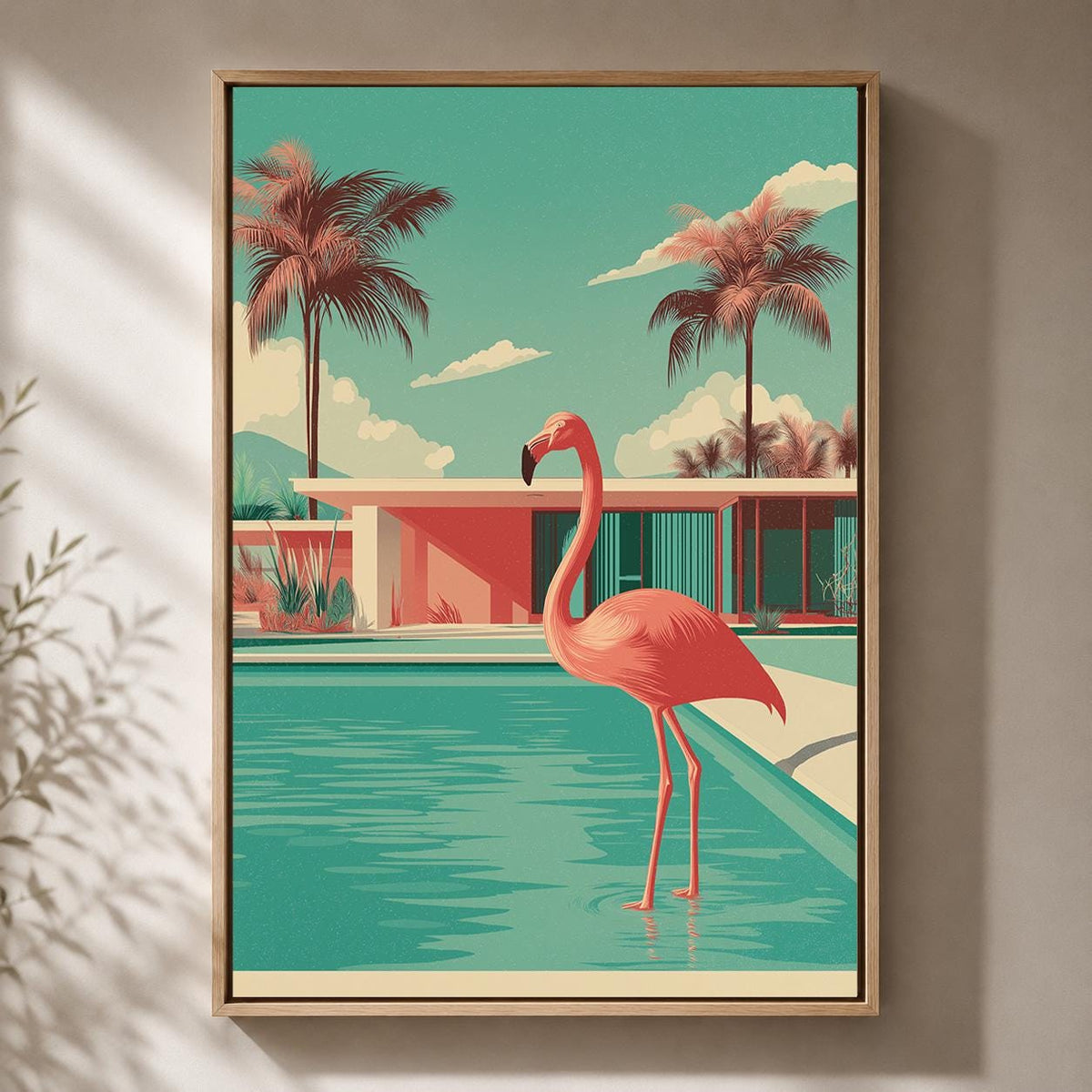 Mid Century Modern Flamingo Pool Framed Canvas Art, Retro Tropical Wall Decor by The Wall Art Studio - physical