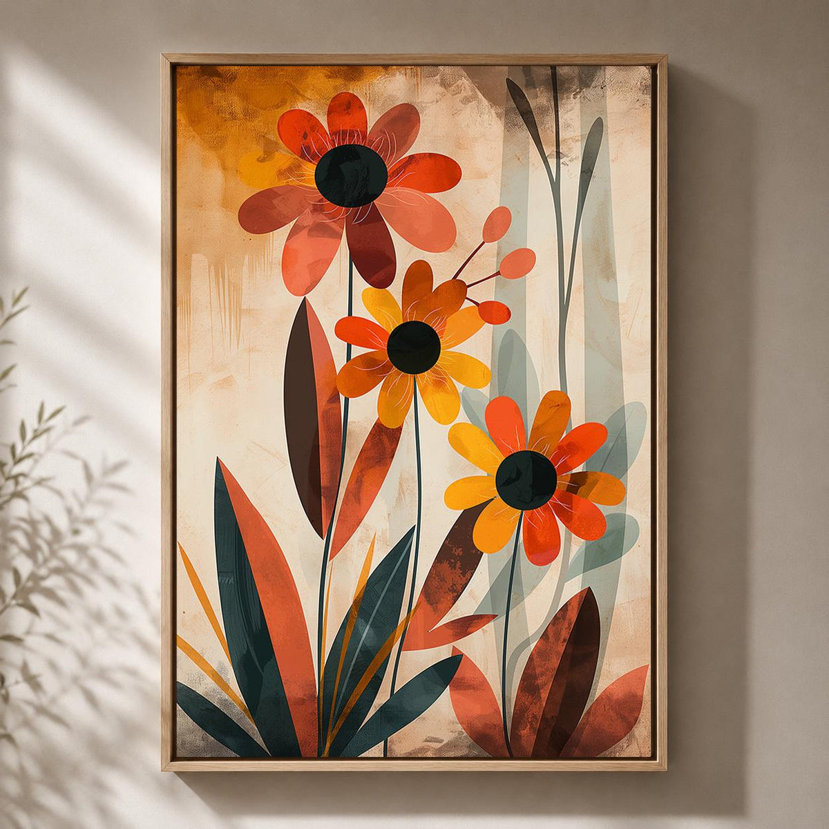 Mid Century Modern Floral Framed Canvas Art, Retro Botanical Framed Decor, Orange Flower Print by The Wall Art Studio - ph...