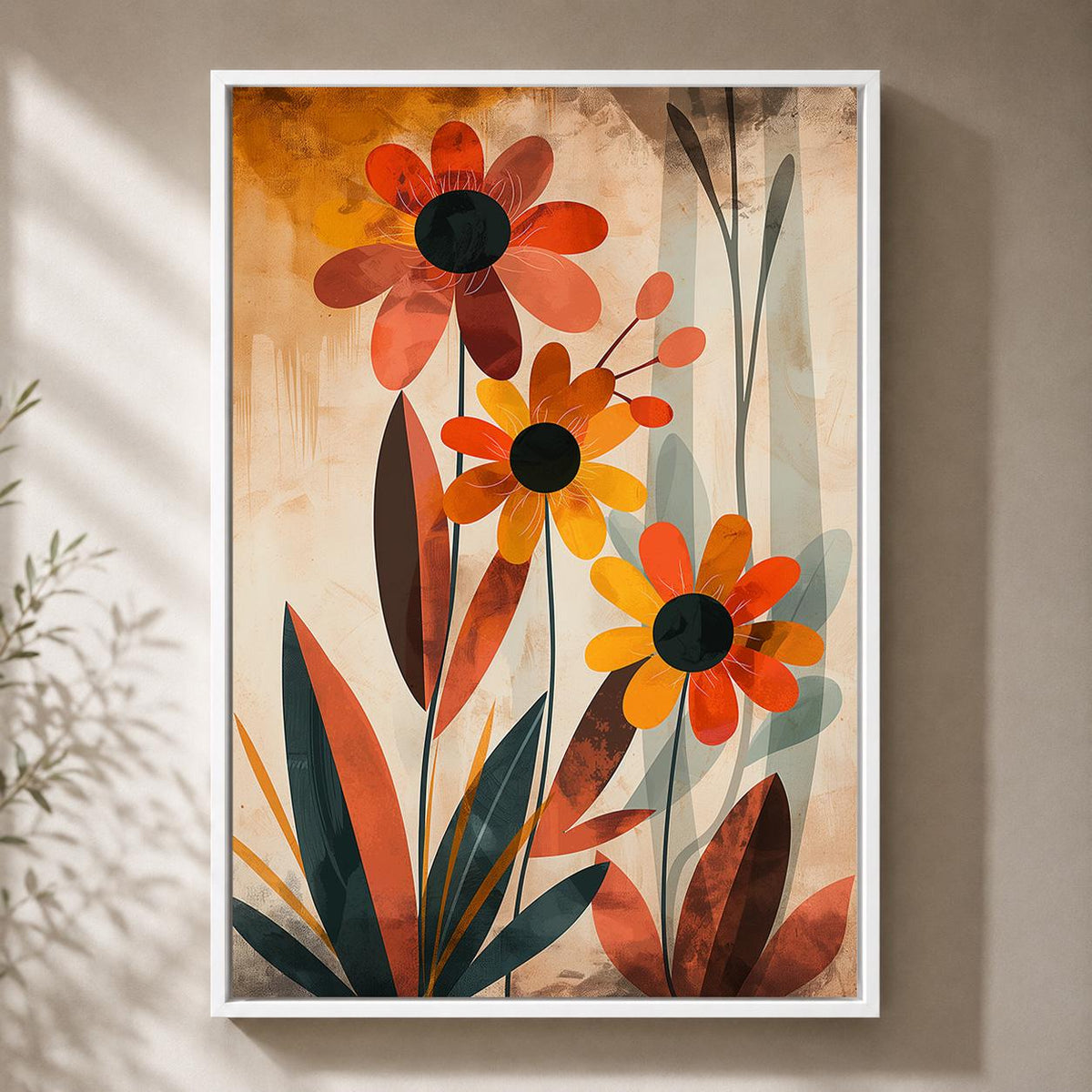 Mid Century Modern Floral Framed Canvas Art, Retro Botanical Framed Decor, Orange Flower Print by The Wall Art Studio - ph...