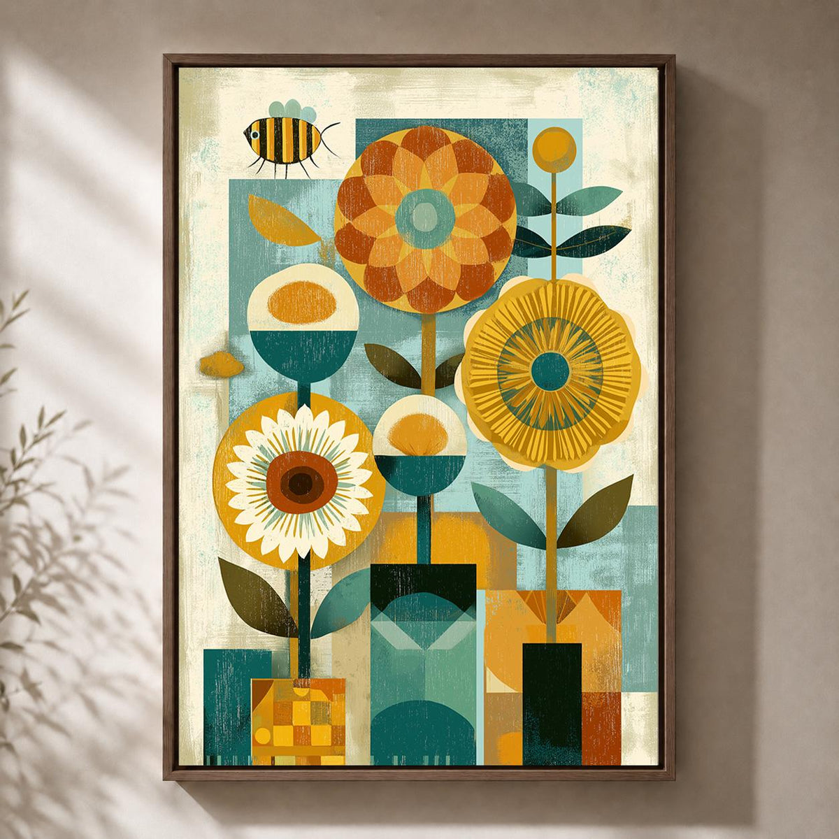 Mid Century Modern Floral Framed Canvas Art, Retro Scandinavian Flower Print, Geometric Botanical Decor by The Wall Art St...