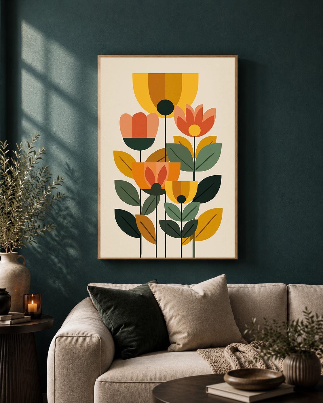 Mid Century Modern Floral Framed Canvas Art, Retro Scandinavian Flower Print, Botanical Decor by The Wall Art Studio - phy...