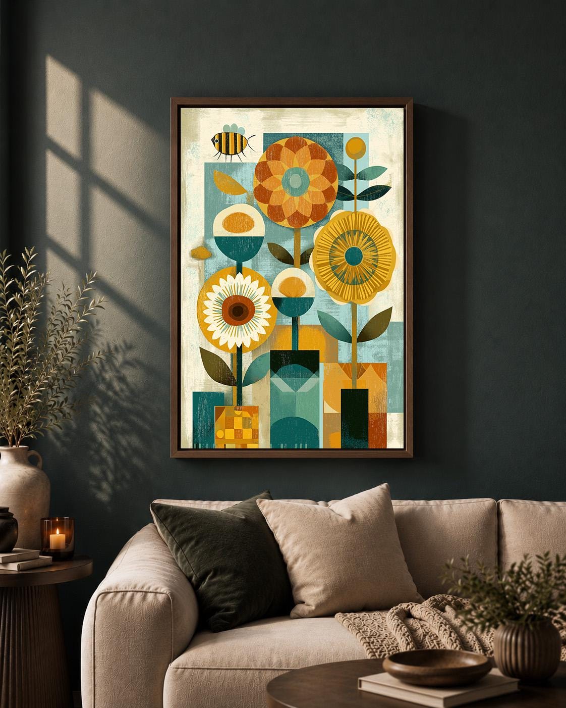 Mid Century Modern Floral Framed Canvas Art, Retro Scandinavian Flower Print, Geometric Botanical Decor by The Wall Art St...