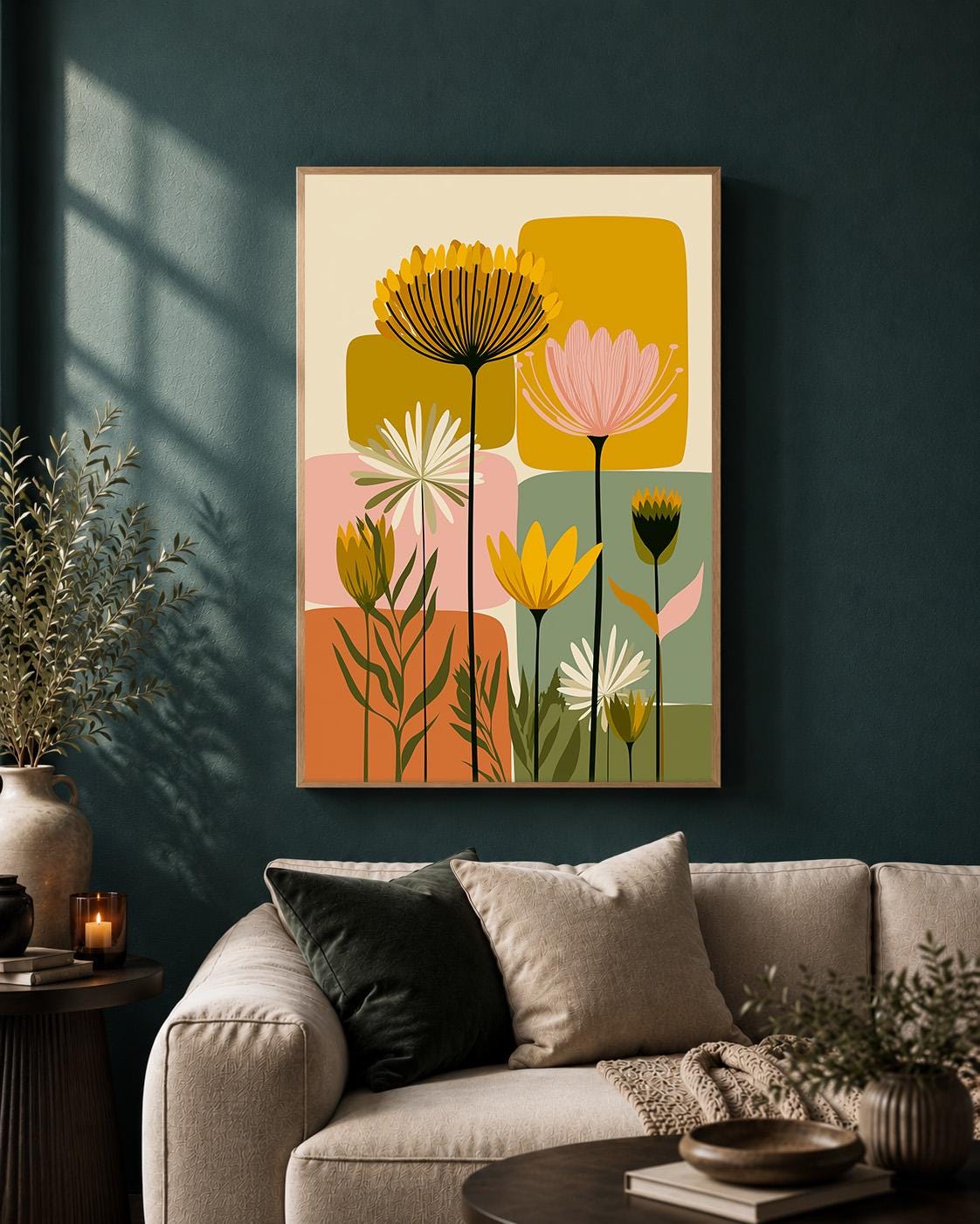 Mid Century Modern Floral Framed Canvas Art, Retro Scandinavian Flower Print, Botanical Decor by The Wall Art Studio - phy...